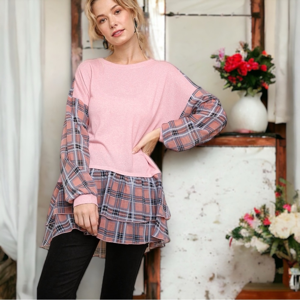 Plaid & Heathered Top w/ Layered Ruffle Hem